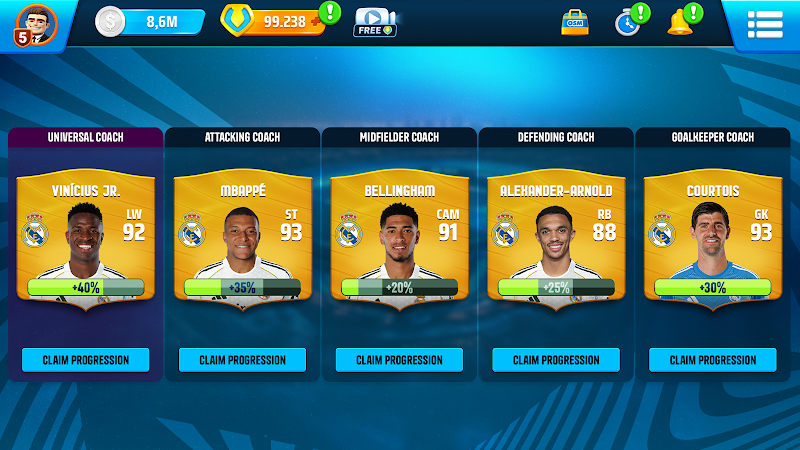 Captura de ecrã de Online Soccer Manager — quadro do clube